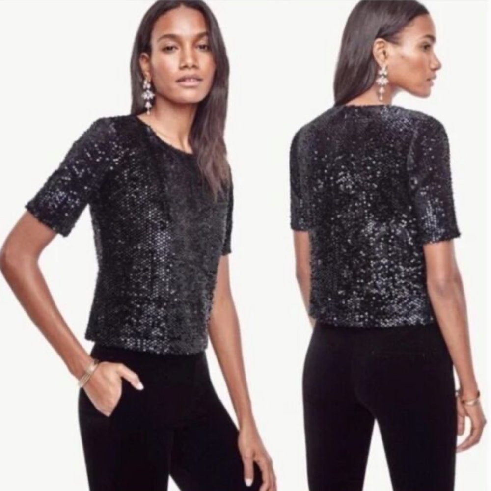 Ann Taylor Black Short Sleeve Sequin Top
